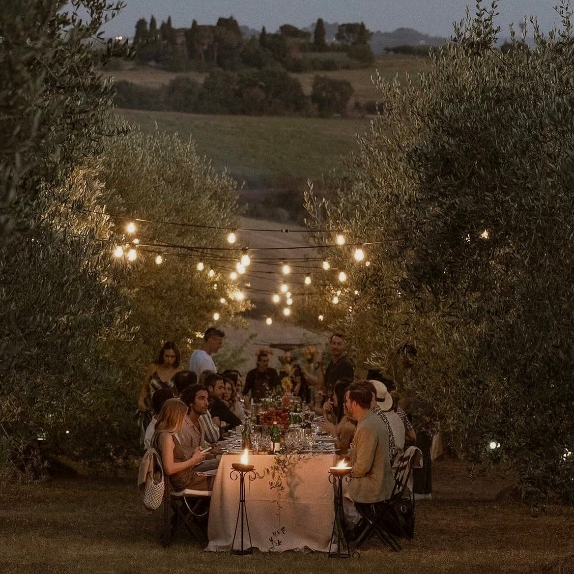 An intimate outdoor dinner gathering under string lights, surrounded by olive trees. A serene and elegant setting for meaningful conversations and aesthetic experiences.