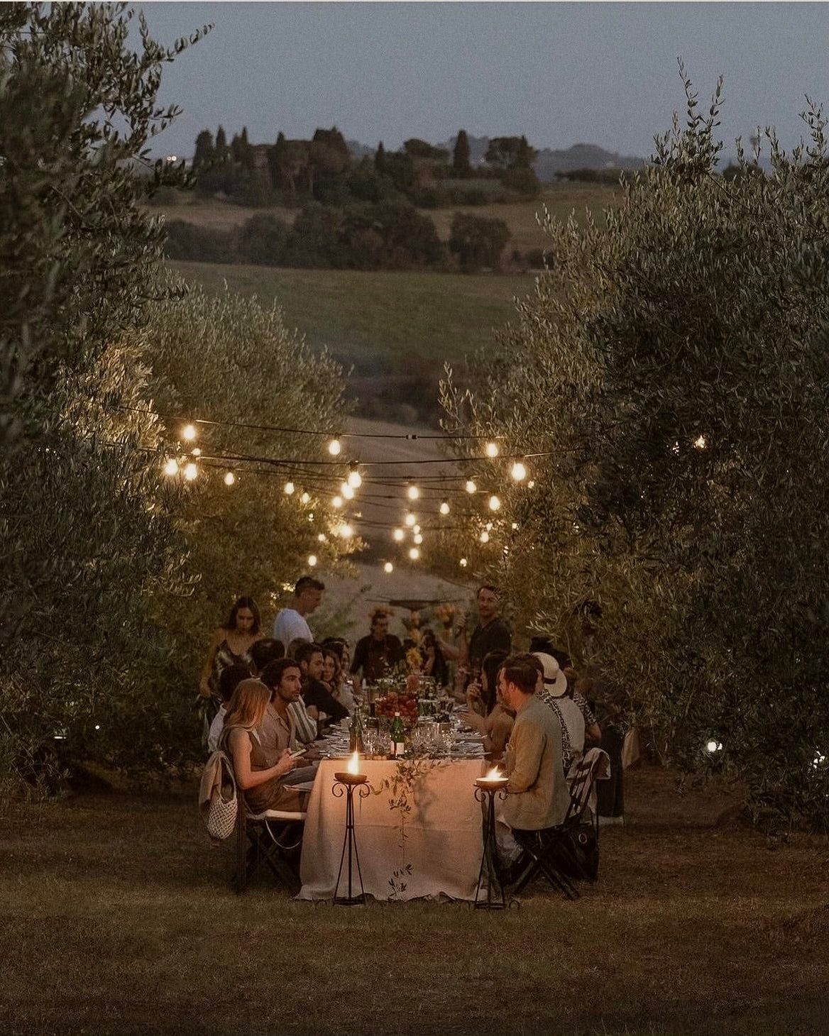 An intimate outdoor dinner gathering under string lights, surrounded by olive trees. A serene and elegant setting for meaningful conversations and aesthetic experiences.