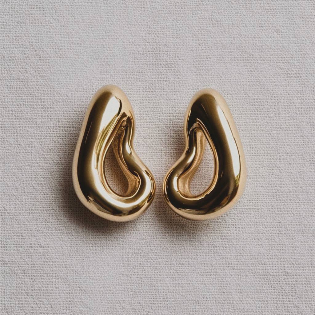 A pair of elegantly designed gold earrings from Enso™’s “Momentum” collection, featuring smooth, organic shapes inspired by Salvador Dalí’s surrealistic style, created by creative director Any Han.