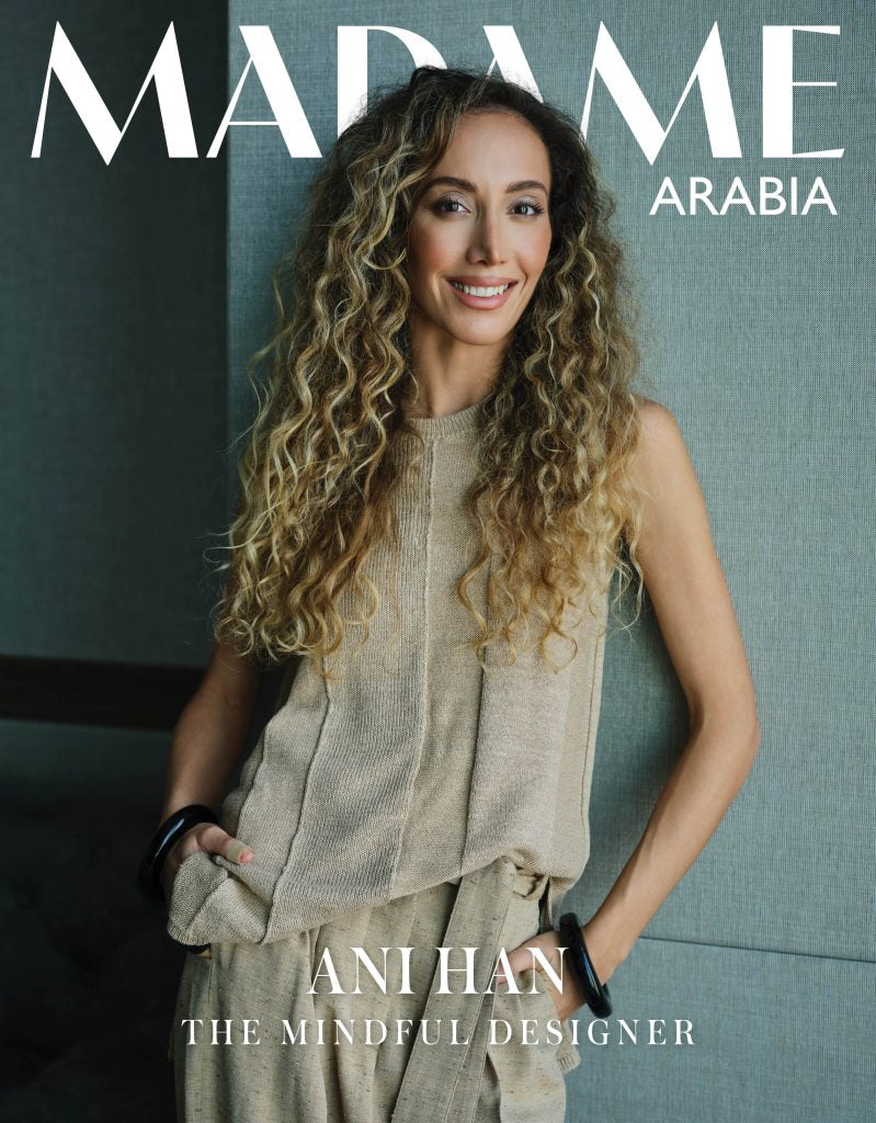 Ani Han on the cover of Madame Arabia, discussing mindful design and her journey from banking in Armenia to founding Enso Design Lab in Dubai. Wearing the Enso bracelet and ring.