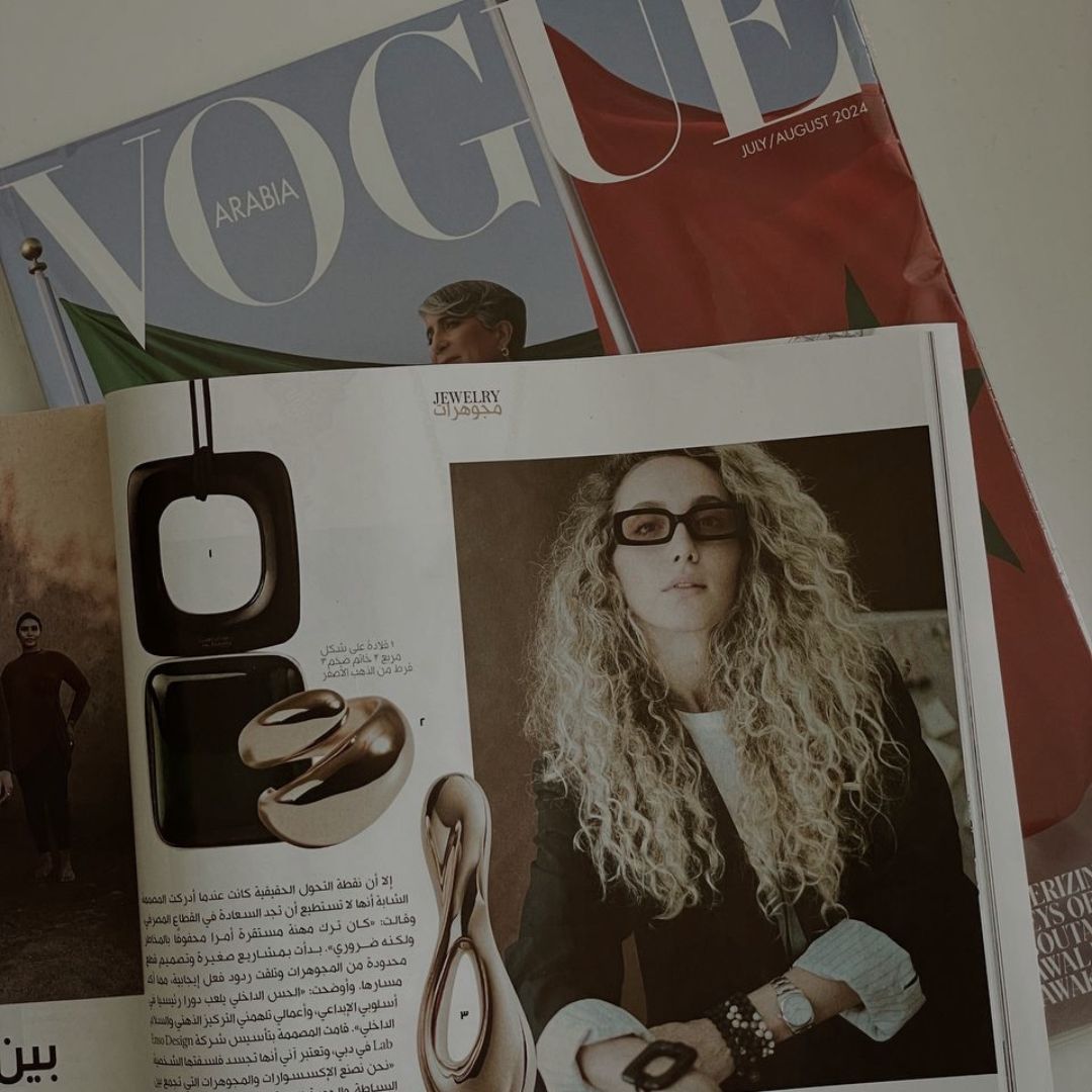 Image of a page from Vogue Arabia, July/August 2024 issue, featuring a photograph of jewelry designer Ani Han and her works