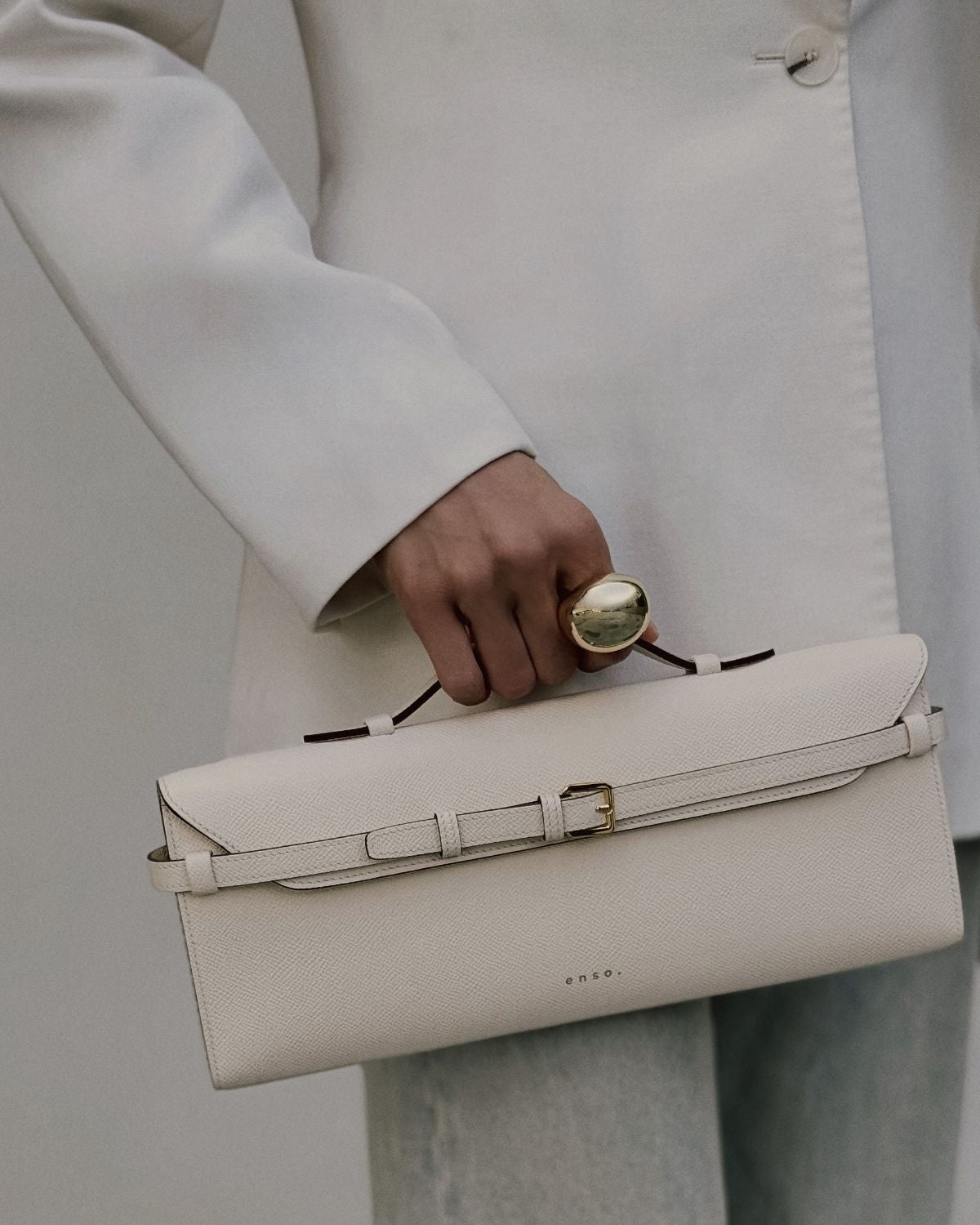 Tori Bag by Enso Design Lab™ in ivory Epsom leather, minimalist design guided by Ani Han, echoing the understated refinement seen in Hermès or The Row.