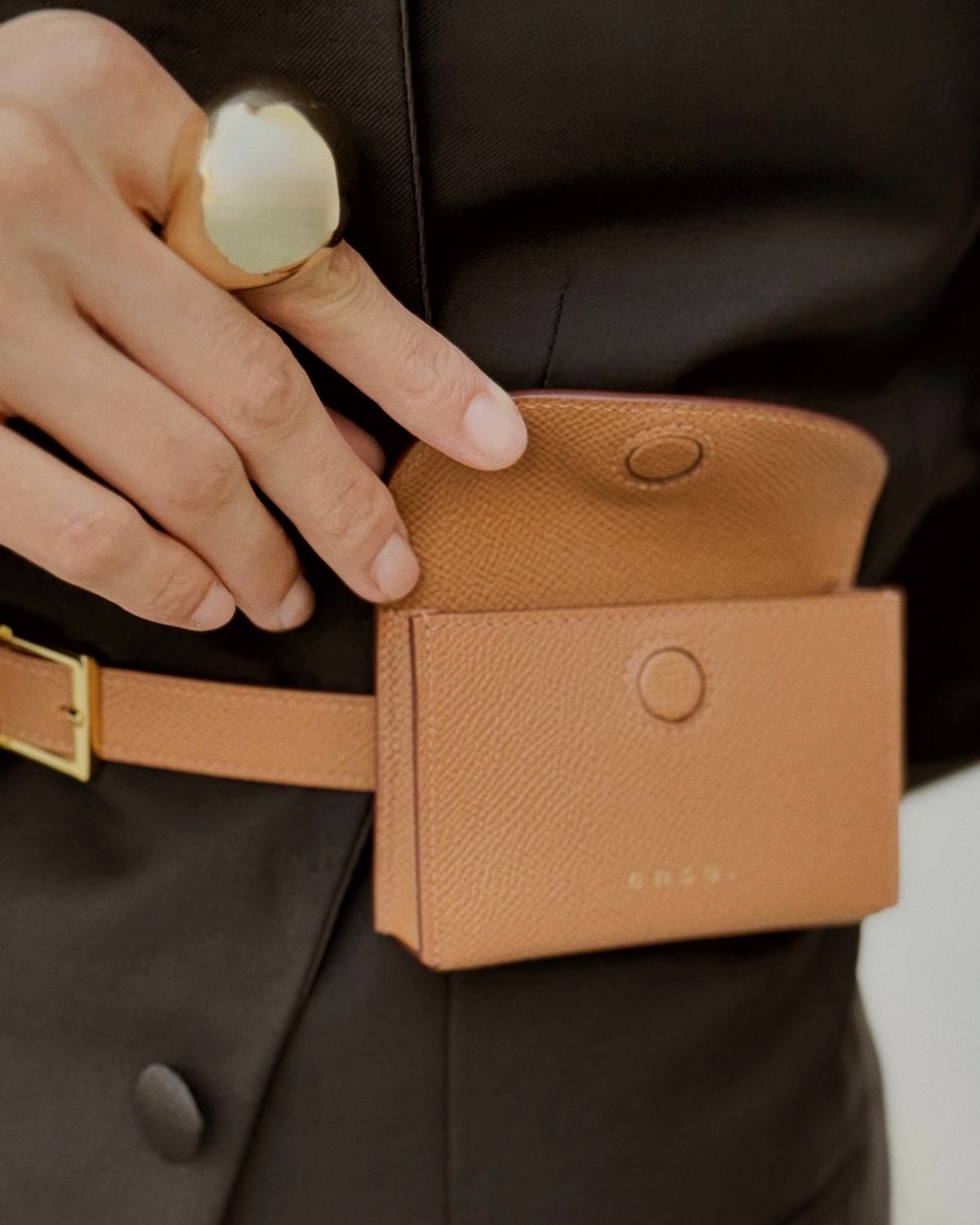 Ava Belt worn as a chic belt bag, versatile design inspired by quiet luxury aesthetics guided by Ani Han.