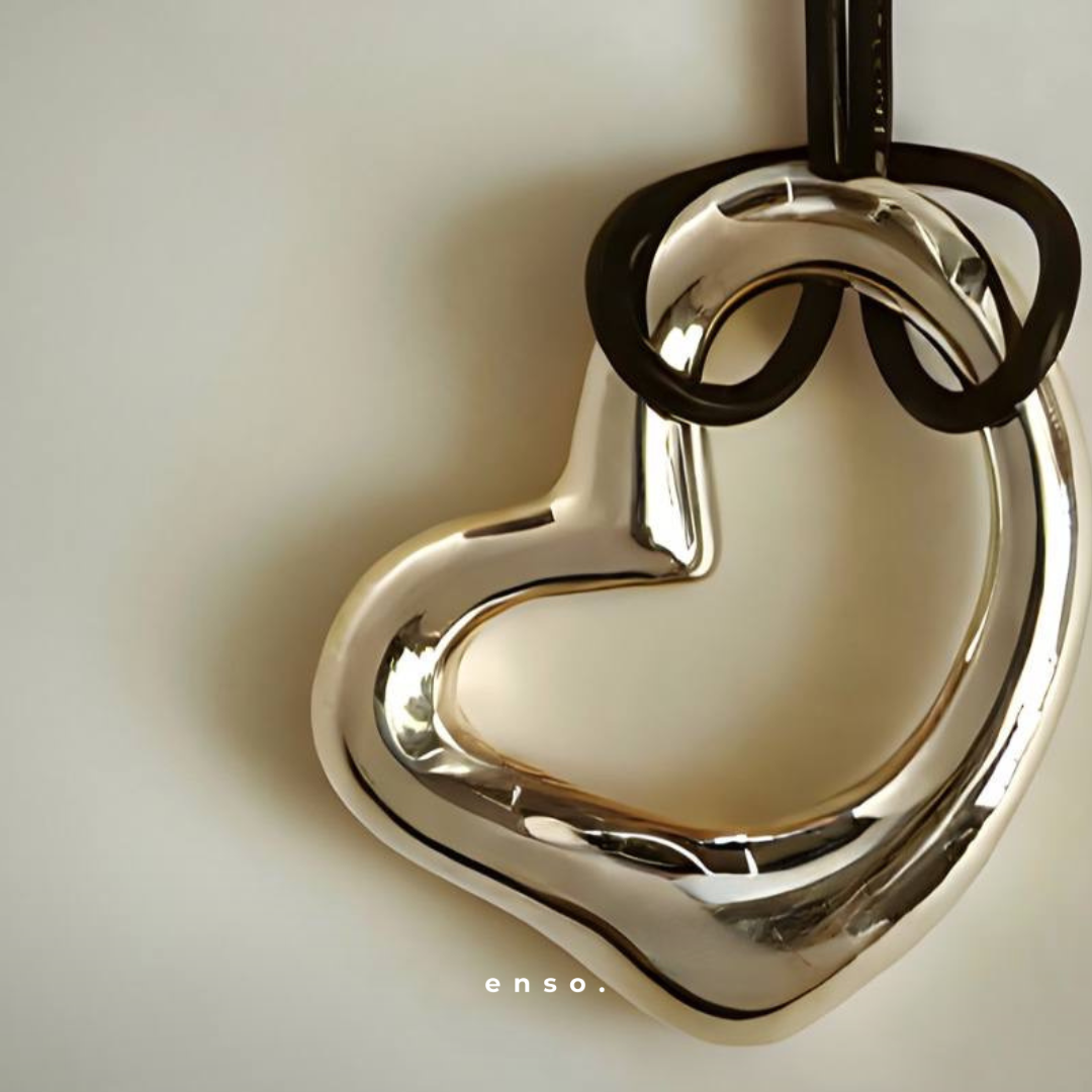 Flow - Heart Necklace by Enso Design Lab™ with premium rhodium plating, pendant size 4 cm x 3 cm, sculptural and elegant heart design.