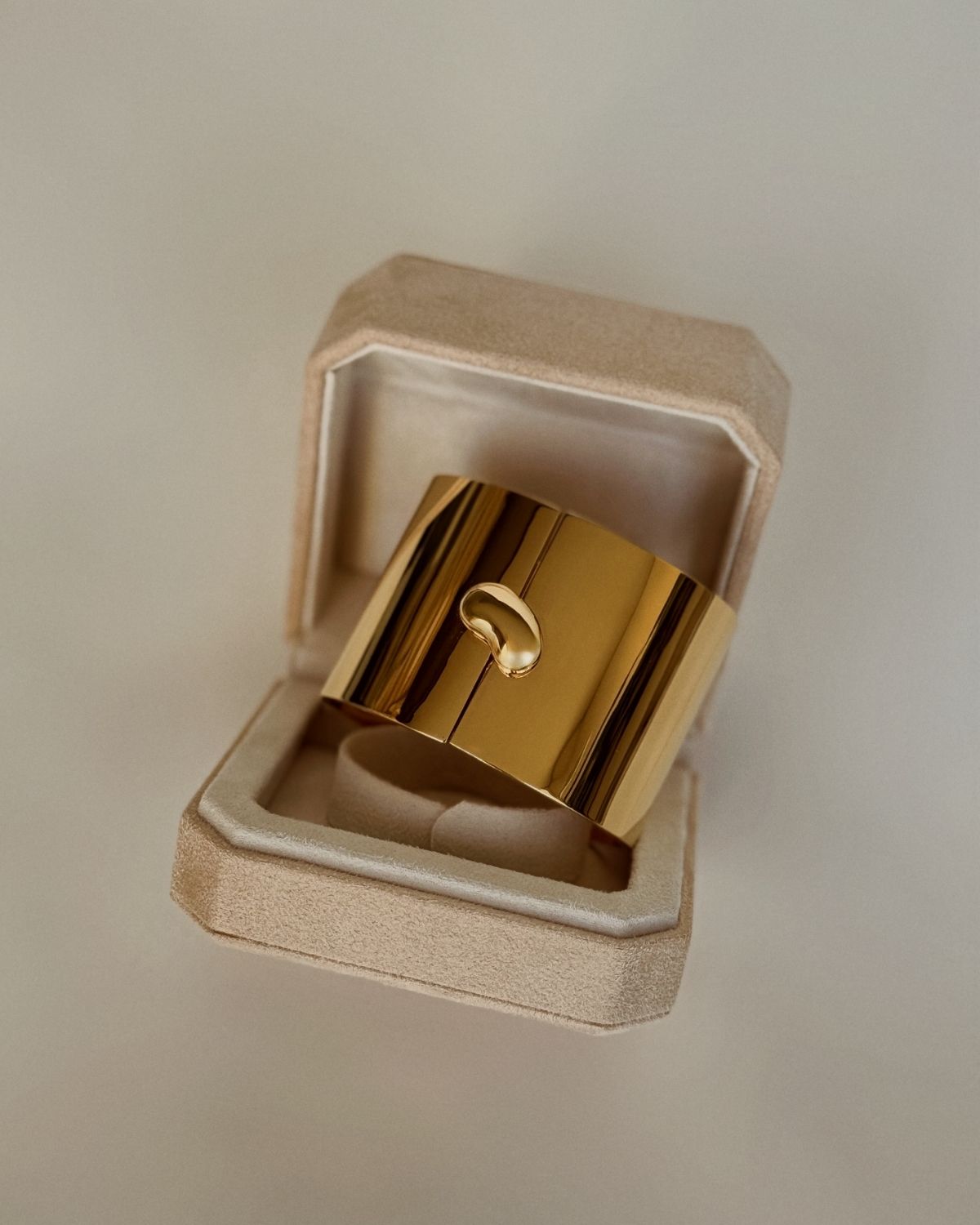 Top view of Drop Cuff Gold by Enso Design Lab™, highlighting Ani Han’s minimalist design and smooth polished finish.